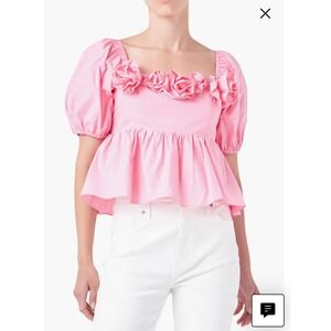 NWT English Factory Pink Square Neck Cotton Ruffle Poplin Top Blouse Roses XS